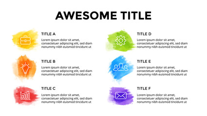 Brush stroke watercolor infographic template. Presentation slide. Creative art concept with 6 options, parts, steps, processes.
