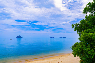 Beautiful black sand beach with boulders. Langkawi, Malaysia.
