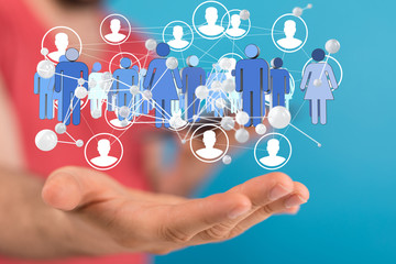 digital 3d network team in hand