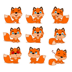 Collection of funny little Fox in cartoon style in different poses and with different emotions isolated on white background