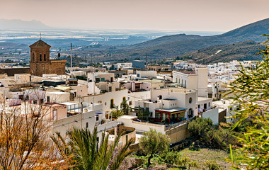 High angle view of the white village of Nijar in Almeria, Spain.