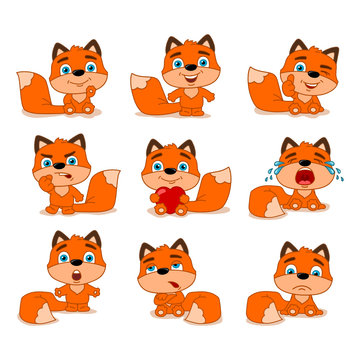  Set of funny little Fox in cartoon style in different poses and with different emotions isolated on white background