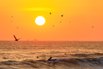 LIMA, PERU- March 16, 2019: Silhouette of surfers and gulls on a sunset background. Lima. Coastline of the Pacific Ocean. Peru. Soft focus. Photo does not contain brand names or logos. It is seagull