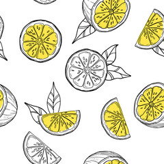 Seamless pattern with lemon. Beautiful exotic print for invitation, greeting card, wallpaper, background