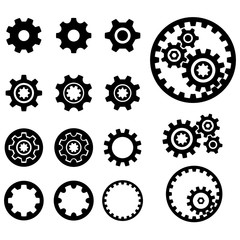 Gears, gear box, planetary gear. Icon set, black. Vector illustration.