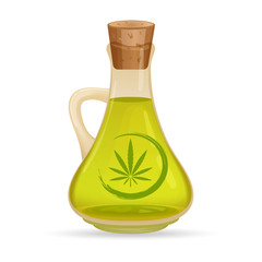 Carafe with hemp oil, isolated on white background. Glass jug with oil. Cannabis oil extracts in jars. Medical Marijuana logo on the label. Vector illustration.