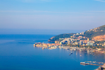 Fototapeta premium Aerial view of Budva Town and Adriatic Sea in Montenegro