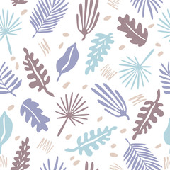 Pattern with tropical leaves in flat style. Botanical illustration with hand drawn plant elements, jungle floral foliage for textile, wallpaper, wrapping