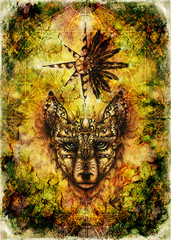 ornamental painting of wolf, sacred animal and ornamental star with feathers and merkaba.