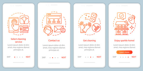 Cleaning service booking onboarding mobile app page screen, linear concepts