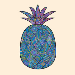Ananas, pineapple, exotic fruit with ethnic pattern.