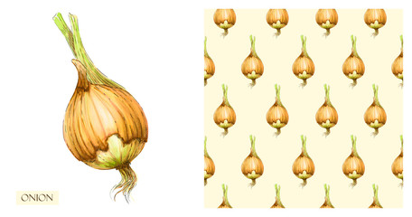 Watercolor onions. Seamless pattern of vegetables, raw onions. Hand-drawn healthy food.