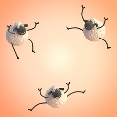 3d illustration four cute cartoon sheeps jumping on orange background