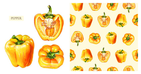 Yellow bell pepper isolated on white background. Watercolor seamless pattern of vegetables, raw yellow pepper. Hand-drawn healthy food.