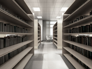 Library room bookshelves tables with chairs light library room 3d render