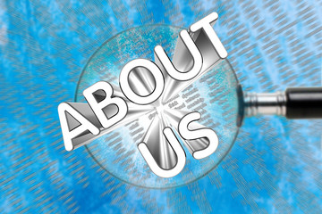 ABOUT US words through a magnifying glass on an abstract background.
