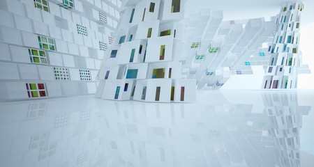 Abstract white and colored gradient glasses interior multilevel public space with window. 3D illustration and rendering.