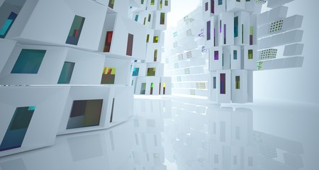 Abstract white and colored gradient glasses interior multilevel public space with window. 3D illustration and rendering.