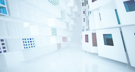 Abstract white and colored gradient glasses interior multilevel public space with window. 3D illustration and rendering.