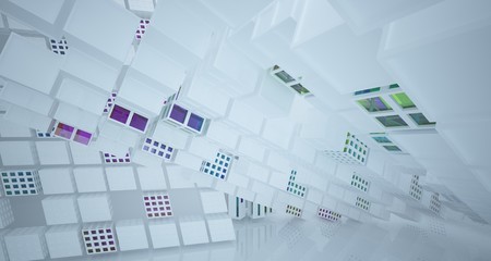 Abstract white and colored gradient glasses interior multilevel public space with window. 3D illustration and rendering.