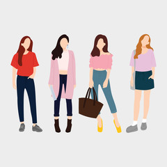 Fototapeta premium Set of young fashion women, stylish girls. flat design. vector illustration.