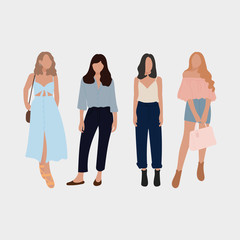 Obraz premium Set of young fashion women, stylish girls. flat design. vector illustration.