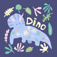 Cute dinosaur color hand drawn vector character. Dino flat handdrawn clipart. Prehistoric animal. Sketch Triceratops with lettering. Isolated cartoon illustration for kids game, book, t-shirt
