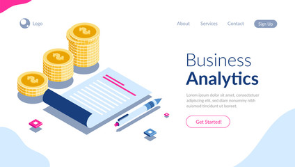 Fototapeta premium Business Analytics and Coins Stack Isometric Concept. reporting document and automatical pen on the background of schedule. Vector illustration in modern 3d flat style.