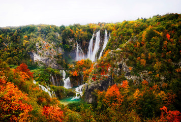 Plitvice Lakes, National Park in Croatia, Europe - Waterfall Veliki slap