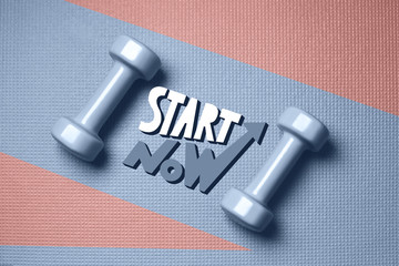 Skyway color dumbbells on the mat with Start now motivational slogan. Design for poster or banner....