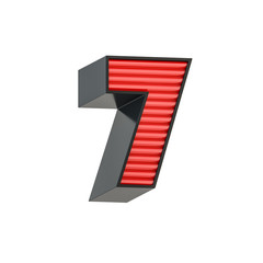 Retro style black and red number 7 symbol. Character isolated over white background.
