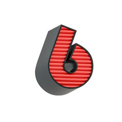Retro style black and red number 6 symbol. Character isolated over white background.