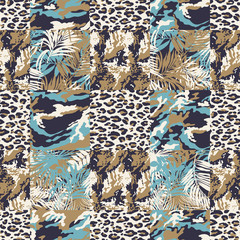 Camouflage with mimetic leaves and leopard skin patchwork  abstract vector seamless pattern