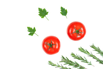 Fresh tomato, parsley and rosemary isolated on a white background. Herbs and spices. Food Ingredients, top view.