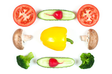 Ingredients for homemade pizza on white background. Top view. Ingredients for pepper, slices mushrooms, slices tomatoes, cucumbers, broccoli and salad . Healthy food conception