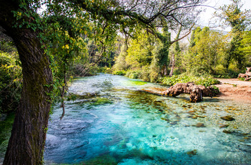 Obraz premium The Blue Eye - Syri i Kaltër, water spring near Muzinë in Vlorë County, southern Albania, Europe
