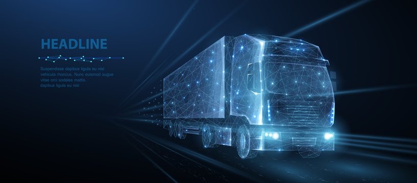 Truck. Abstract vector 3d heavy lorry van. Highway road. Isolated on blue.