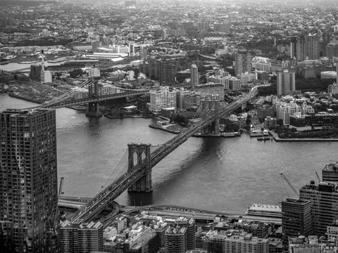 Aerial view of Brooklyn Bridge in New York in black and white
