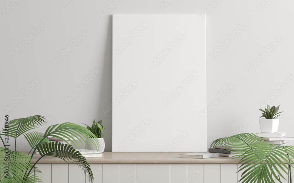 Poster Mock-up of picture canvas frame with small plant in vase and books on white wall. Perspective of modern Interior design. 3d rendering.