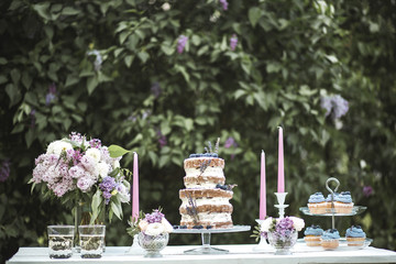Wedding table with blueberry cake