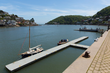 Boat jetty River Dart Dartmouth Devon England with view to the estuary entrance