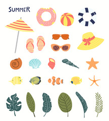 Big summer set with pool floats, seashells, starfish, fish, palm leaves. Hand drawn vector illustration. Isolated objects on white background. Flat style design. Concept, element for poster, banner.