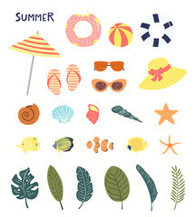 Naklejka premium Big summer set with pool floats, seashells, starfish, fish, palm leaves. Hand drawn vector illustration. Isolated objects on white background. Flat style design. Concept, element for poster, banner.