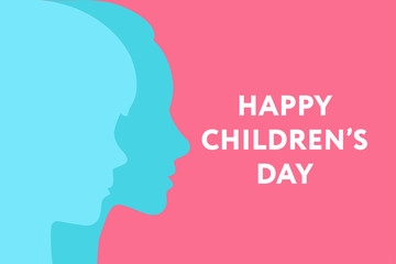 Happy Children Day. Young Boy and Girl Kid Child Profile Silhouette Head Shape. Greeting Card Background.
