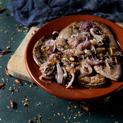 higado encebollado, a spanish recipe of cow liver.