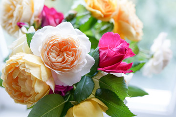 Roses on white background. Flat lay, top view. Valentine's background