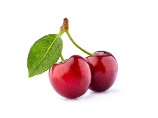 Sweet cherry berries with leaf isolated on white background cutout