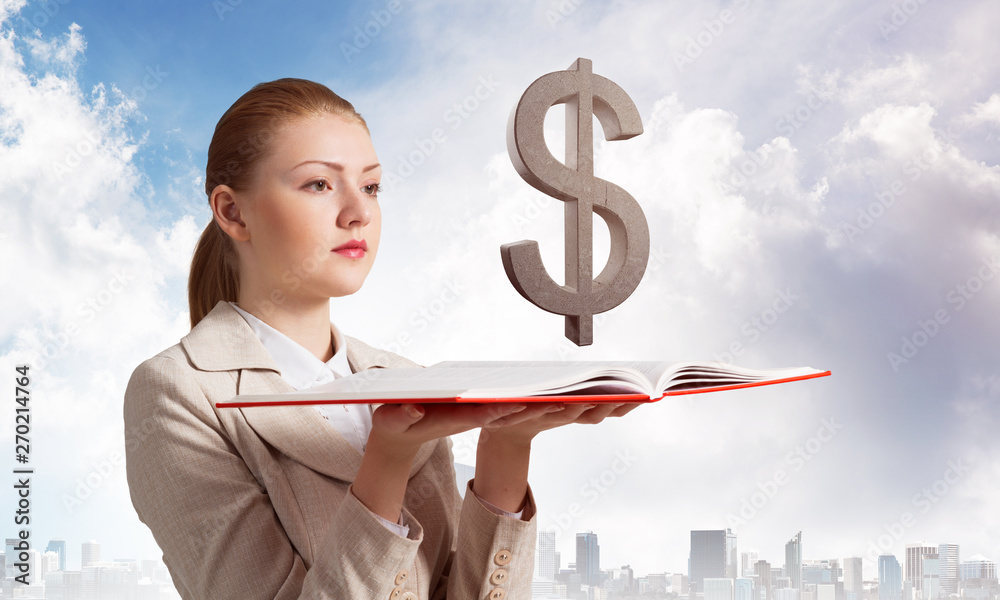 Wall mural woman with dollar sign above opened notebook