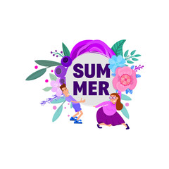 Summer - poster with character and floral decorations, flat style.
