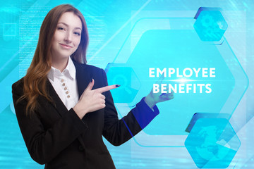 The concept of business, technology, the Internet and the network. A young entrepreneur working on a virtual screen of the future and sees the inscription: Employee benefits